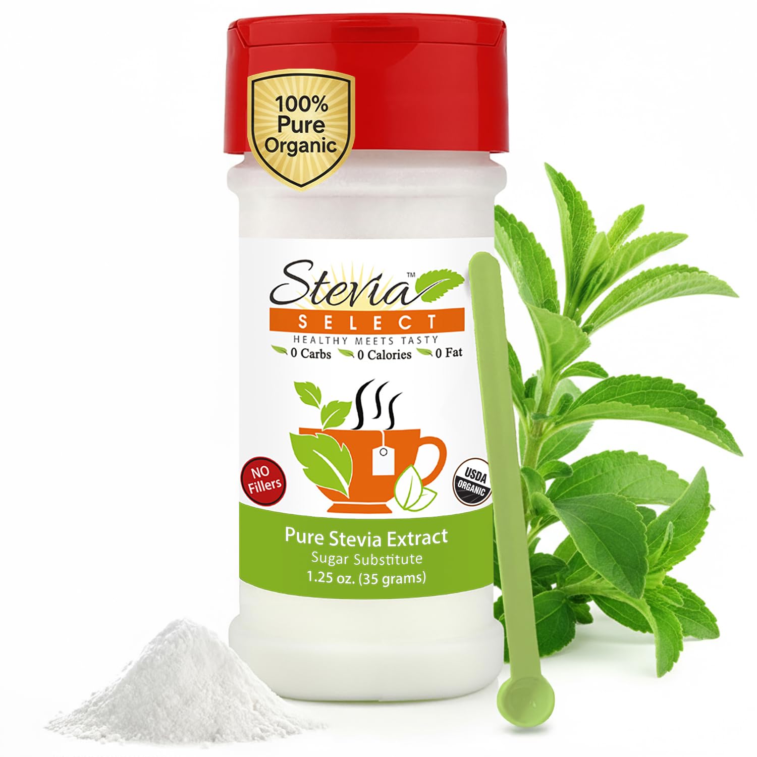 Stevia Select front packaging showing organic label and jar for quick identification and trust