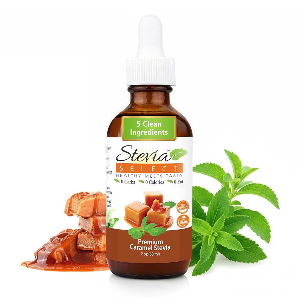 Stevia Select front bottle view showing caramel label and serving info for convenience