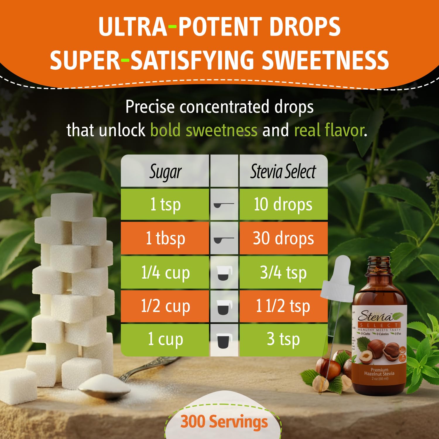 Stevia Select with hazelnut extract ingredients close-up showing natural origins