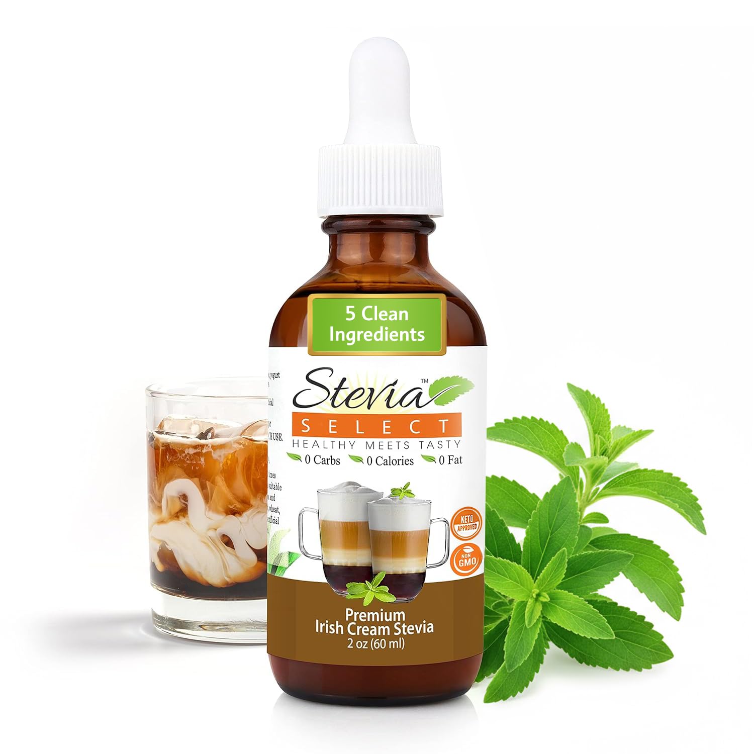 Stevia Select front label showing Irish Cream flavor and benefits