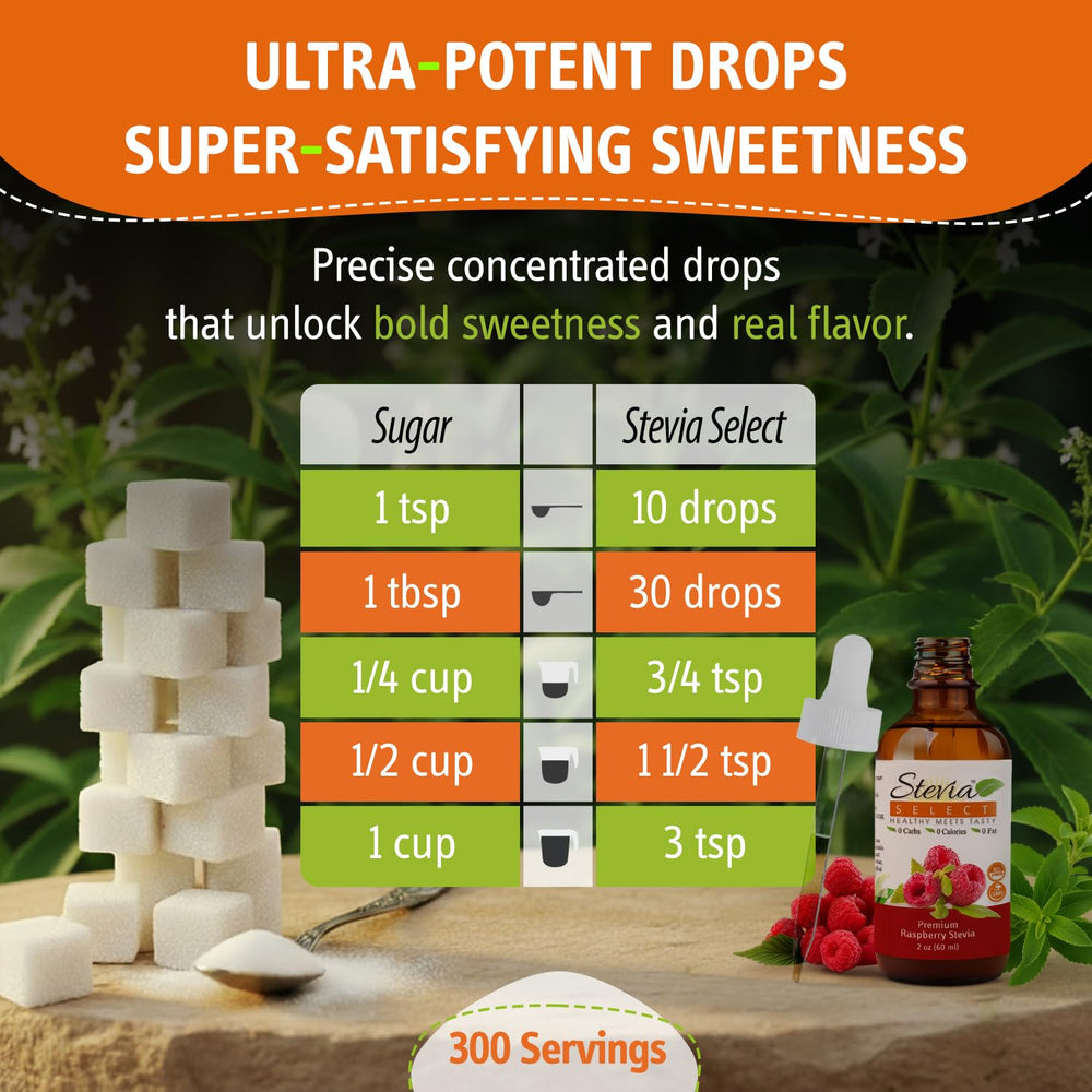 Stevia Select bottle beside fresh raspberries showing natural flavor