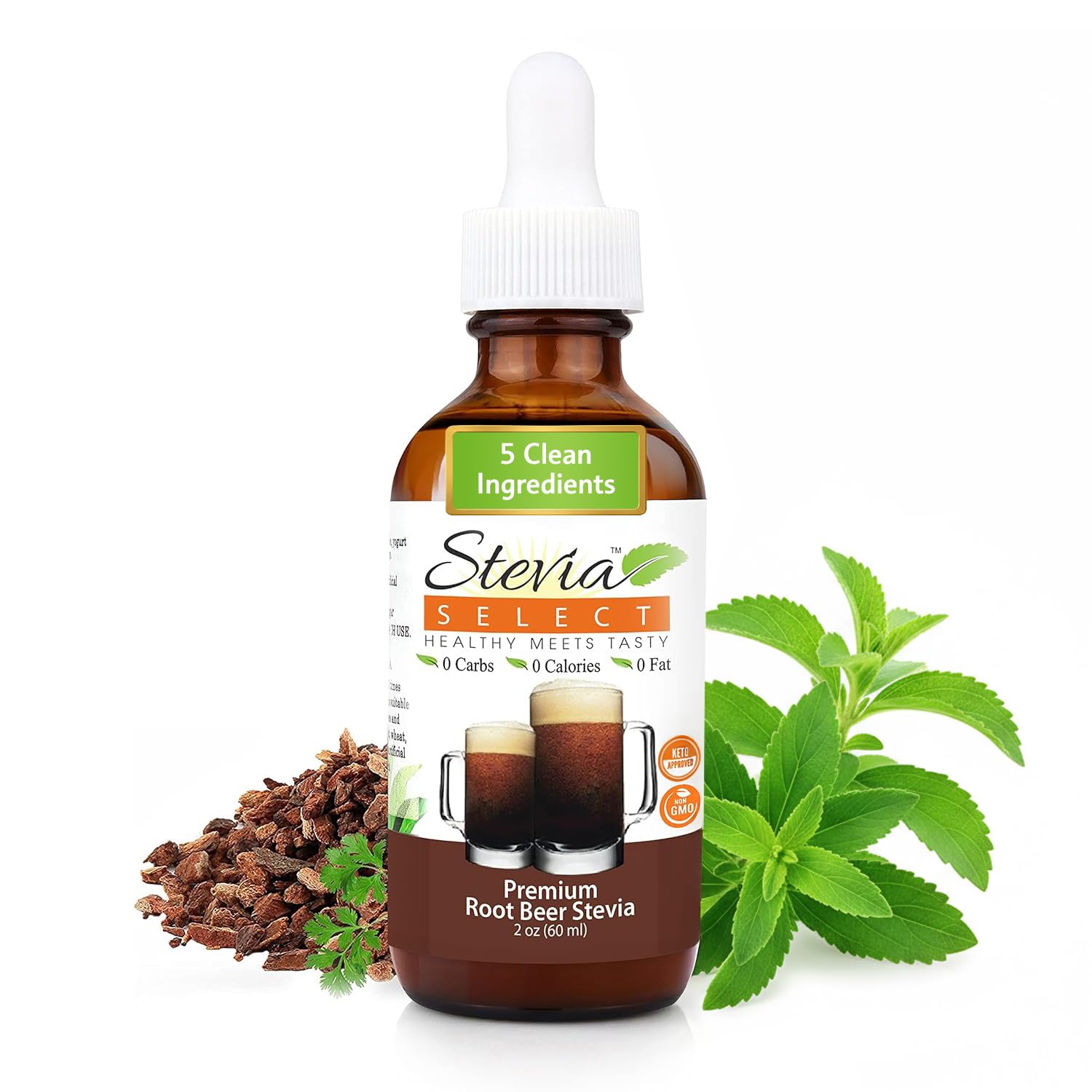 Stevia Select front label showing root beer flavor and zero calorie benefit