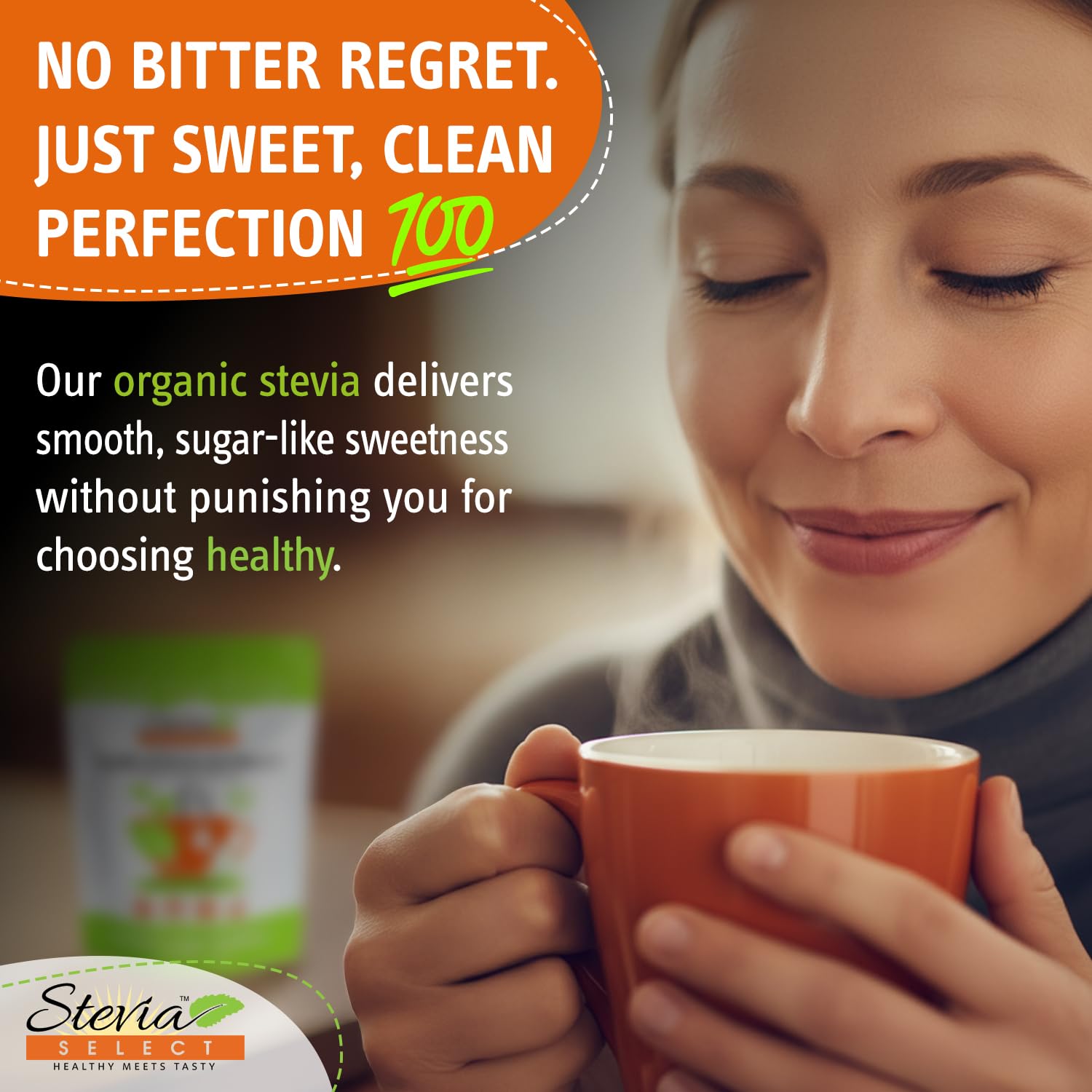 Stevia Select precision scoop inside jar demonstrating easy measurement benefit