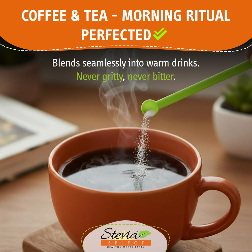 Stevia Select scoop beside teaspoon demonstrating concentrated potency benefit