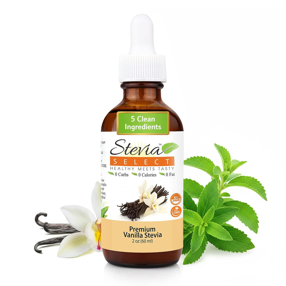 Stevia Select front packaging showing vanilla flavor and benefits