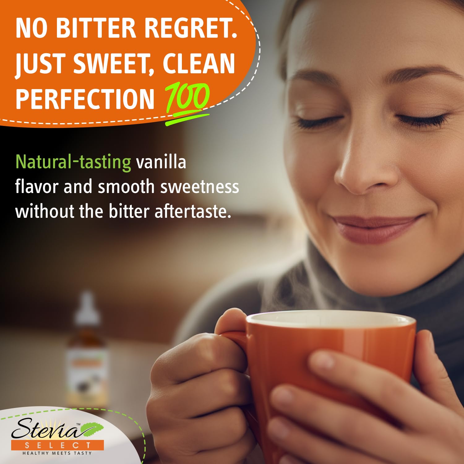 Stevia Select drops poured into coffee enhancing flavor without sugar