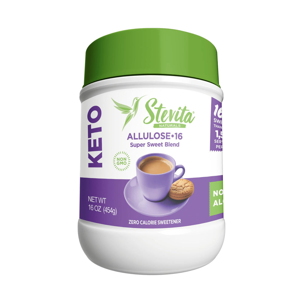 Stevita front packaging showing Allulose-16 jar and benefits