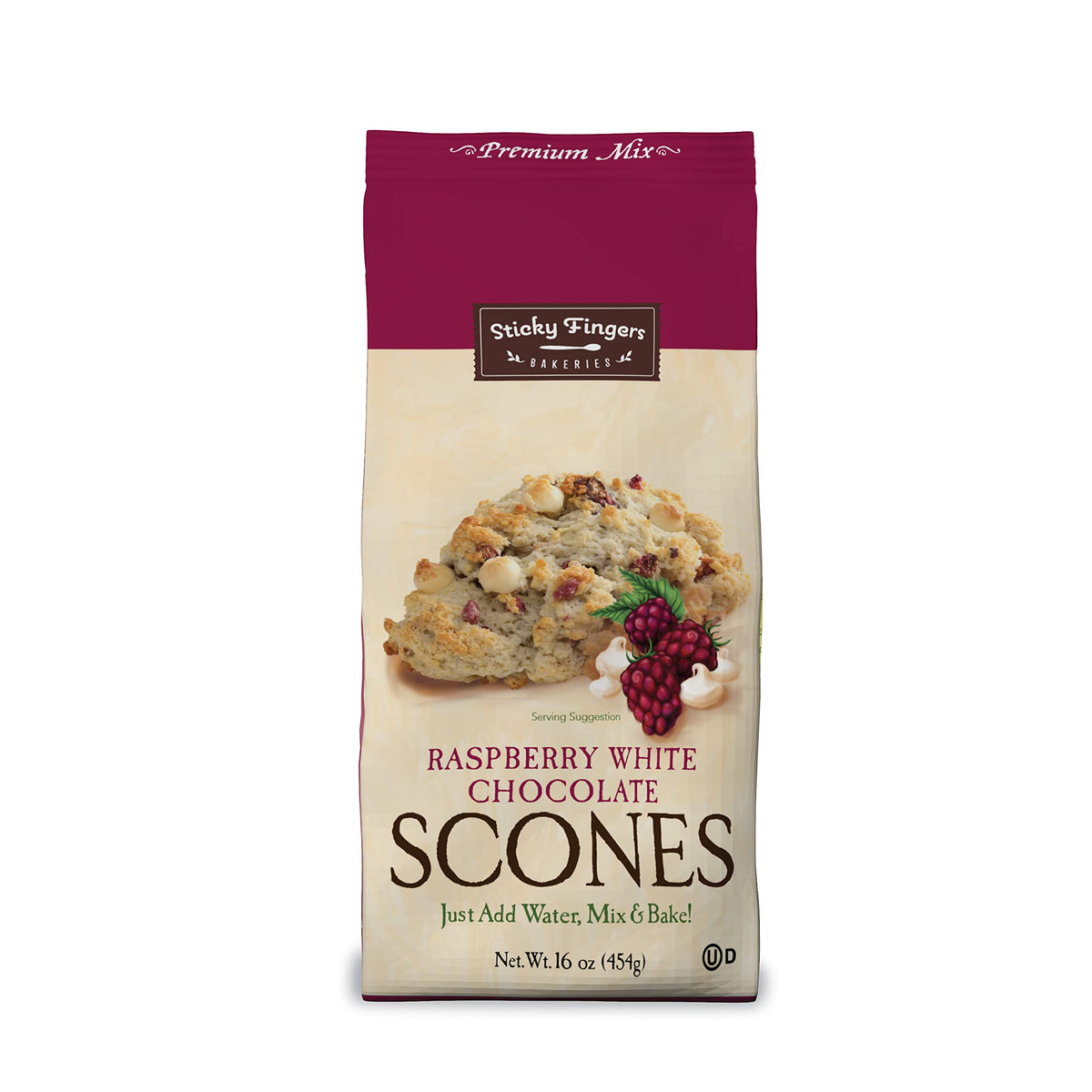 Sticky Fingers front packaging showing raspberry white chocolate flavor and yield benefit