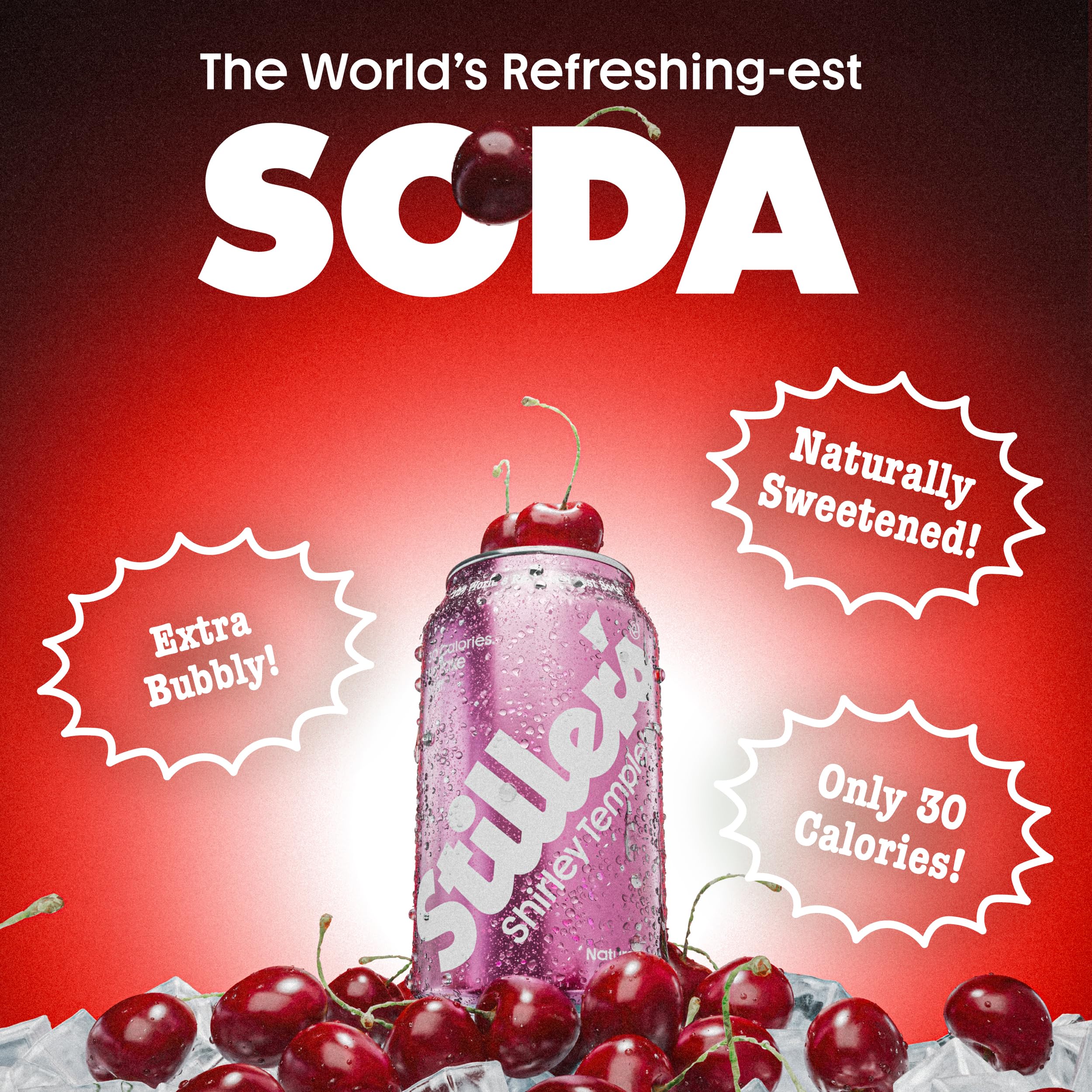 STILLER'S Shirley Temple over ice showing cherry color and ready-to-serve appeal