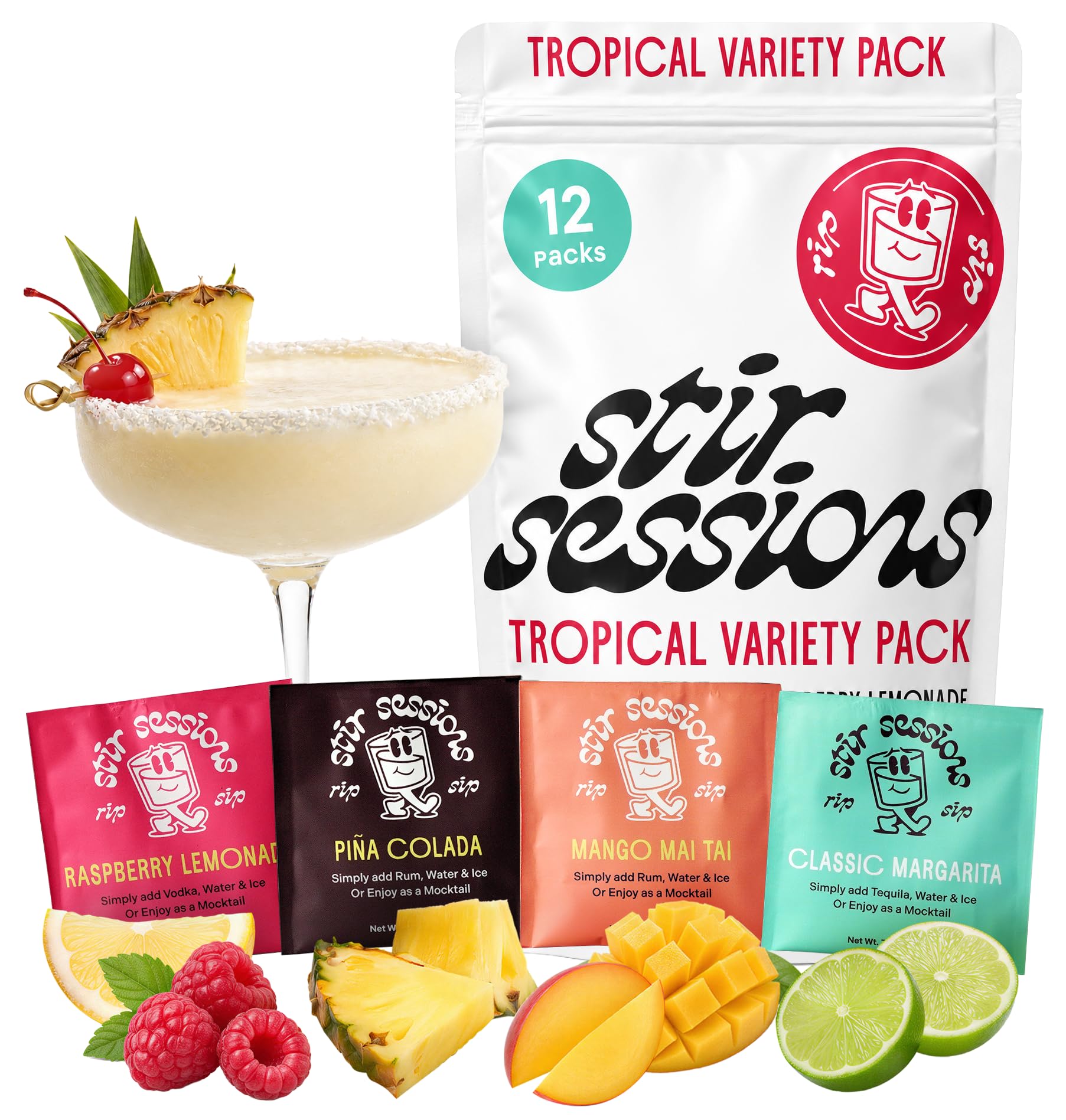 Stir Sessions front packaging showing the tropical variety pack and portability benefit