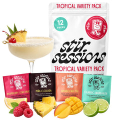 Stir Sessions front packaging showing the tropical variety pack and portability benefit