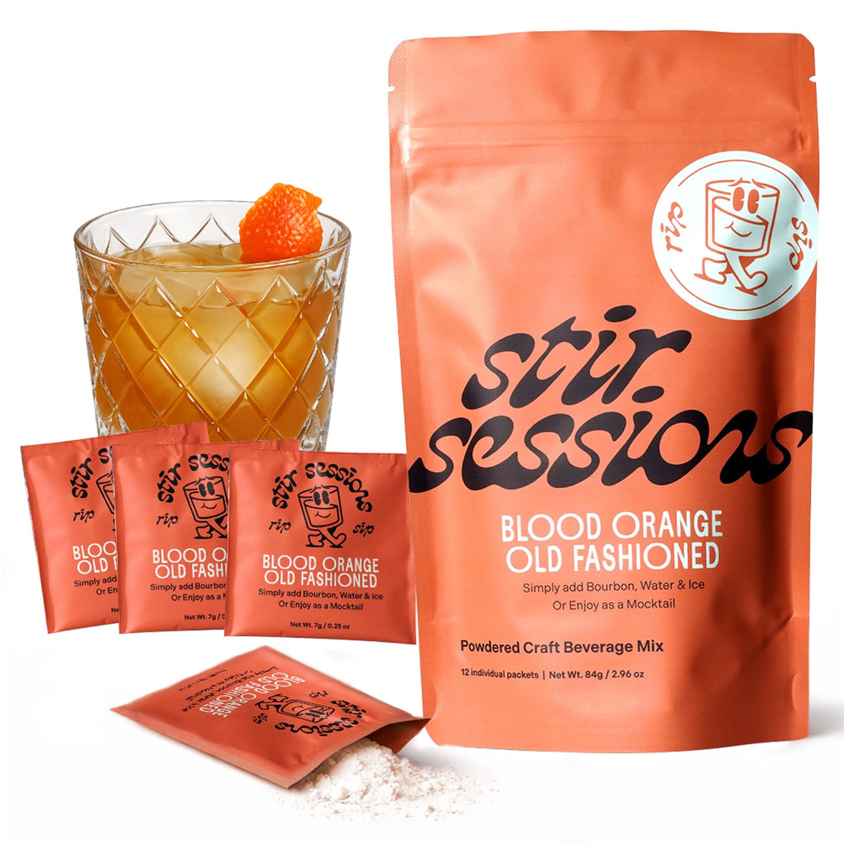 Stir Sessions front box packaging showing 12 single‑serve blood orange old fashioned packets, travel ready