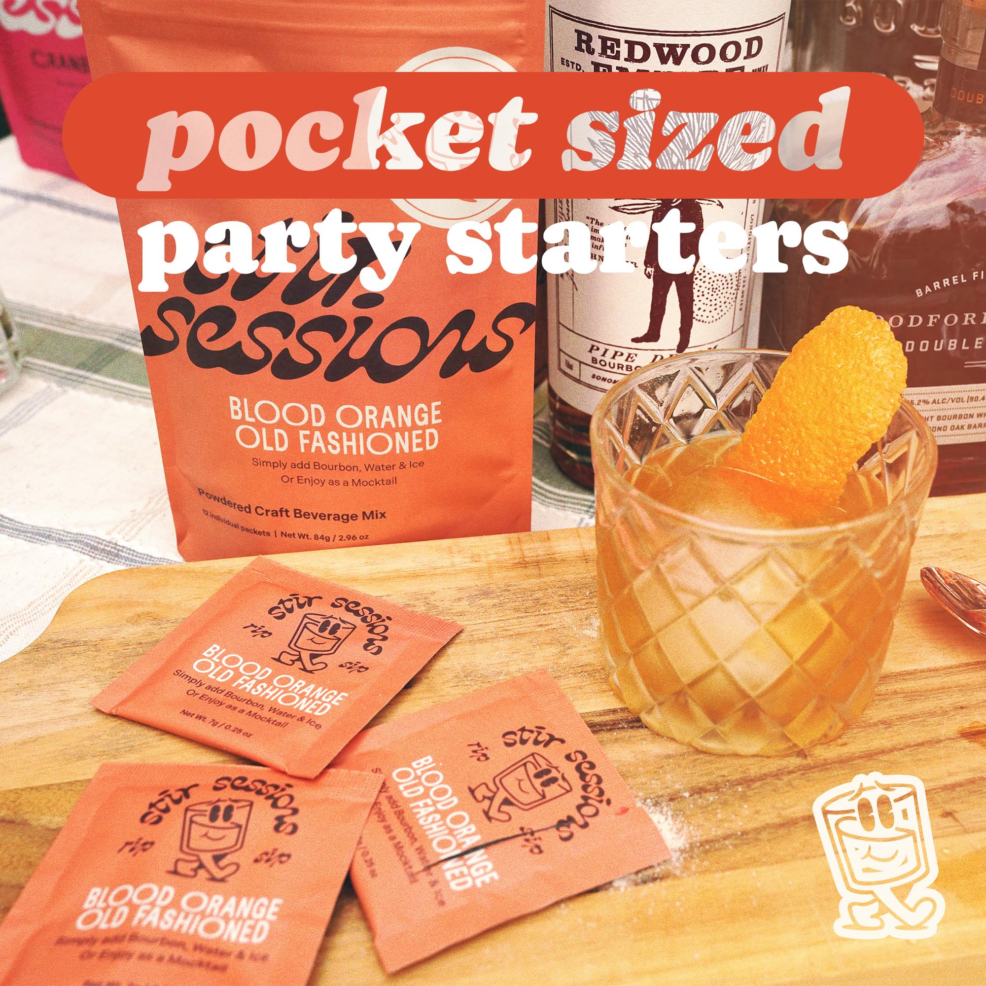 Party tray with multiple served cocktails made from Stir Sessions packets, crowd‑pleasing convenience