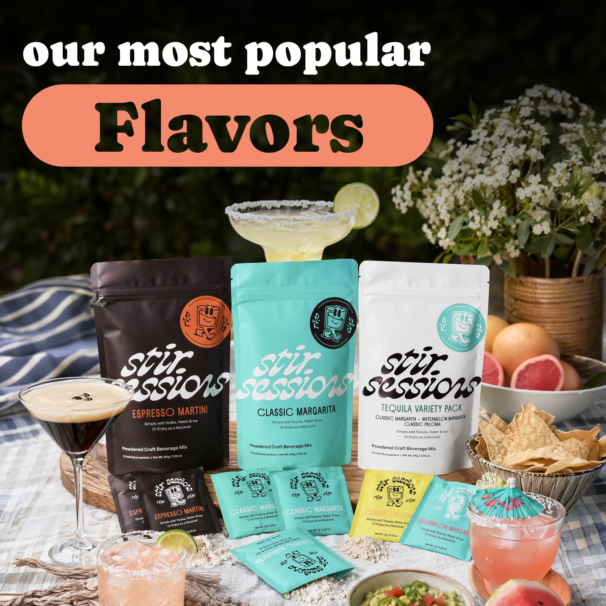 Stir Sessions variety pack on a beach towel illustrating travel-ready convenience