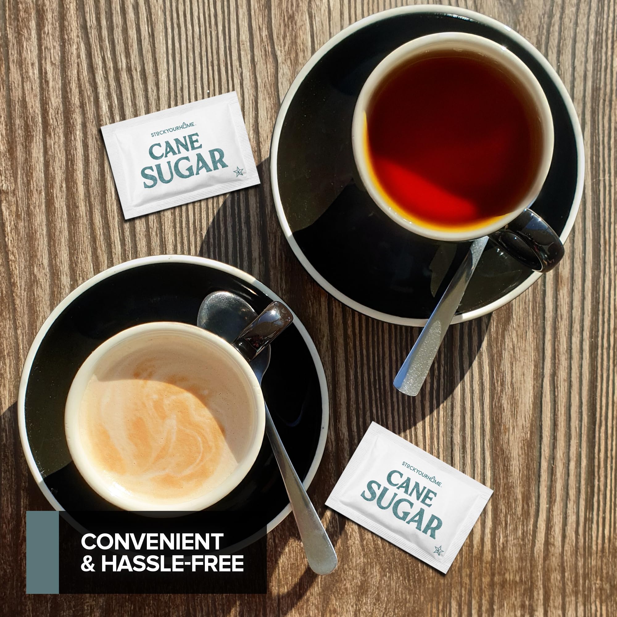 Stock Your Home packet beside coffee cup demonstrating easy single-serve sweetening