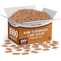 Stock Your Home front box showing 1000-count turbinado packets, convenient bulk supply