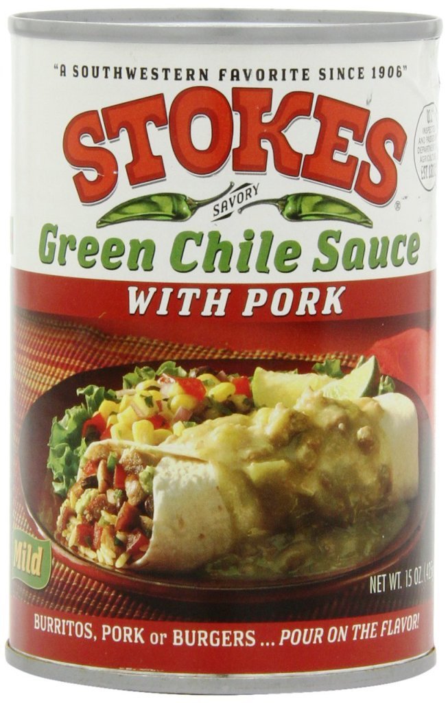 Stokes Chile front label of green chile sauce with pork showing product benefits