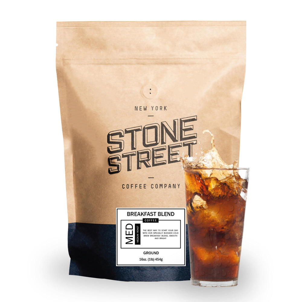 Stone Street front packaging of Breakfast Blend 1 lb showing brand and roast, clear brewing benefit