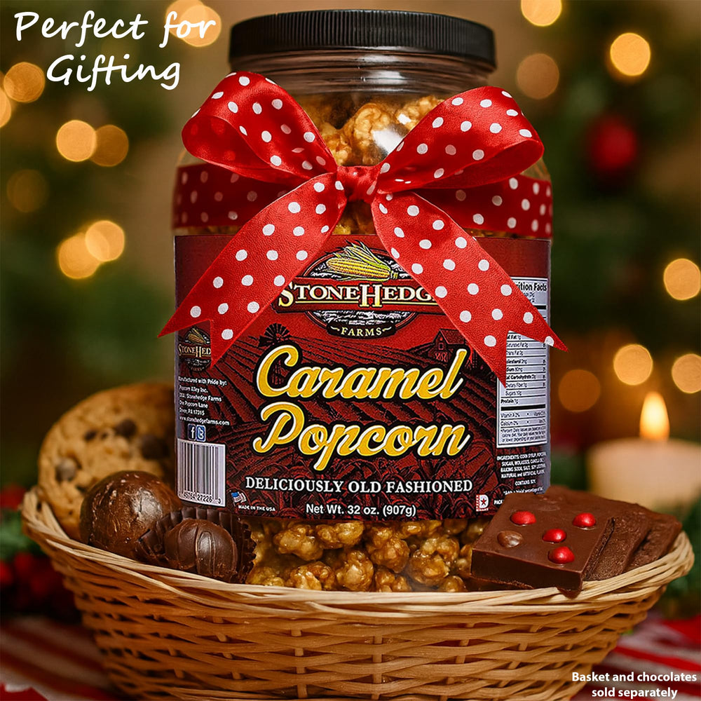 Stonehedge Farms caramel popcorn in holiday gift basket showcasing festive gifting potential