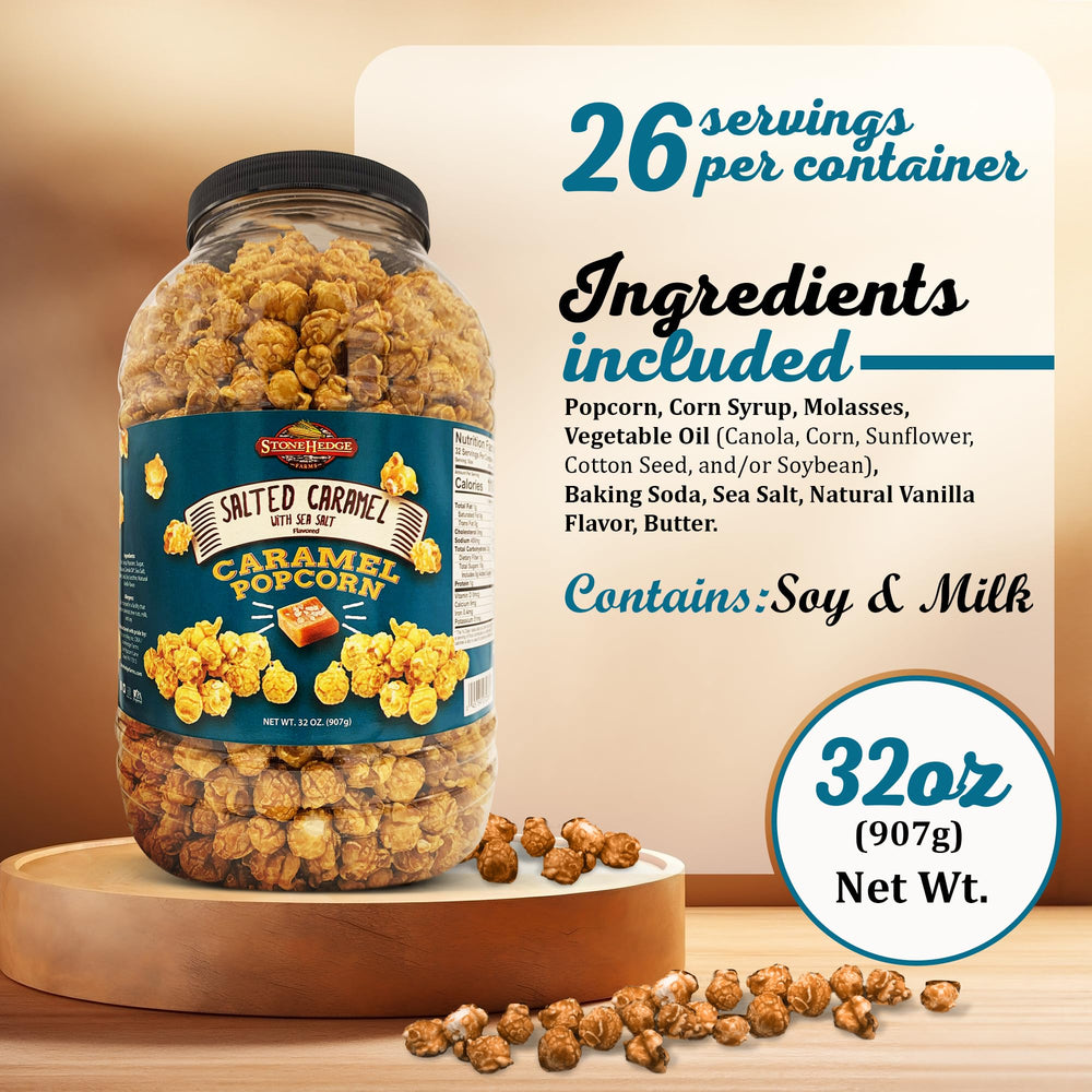 Stonehedge Farms close-up of caramel popcorn texture, shows crunchy caramel coating