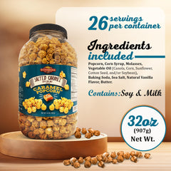 Stonehedge Farms close-up of caramel popcorn texture, shows crunchy caramel coating
