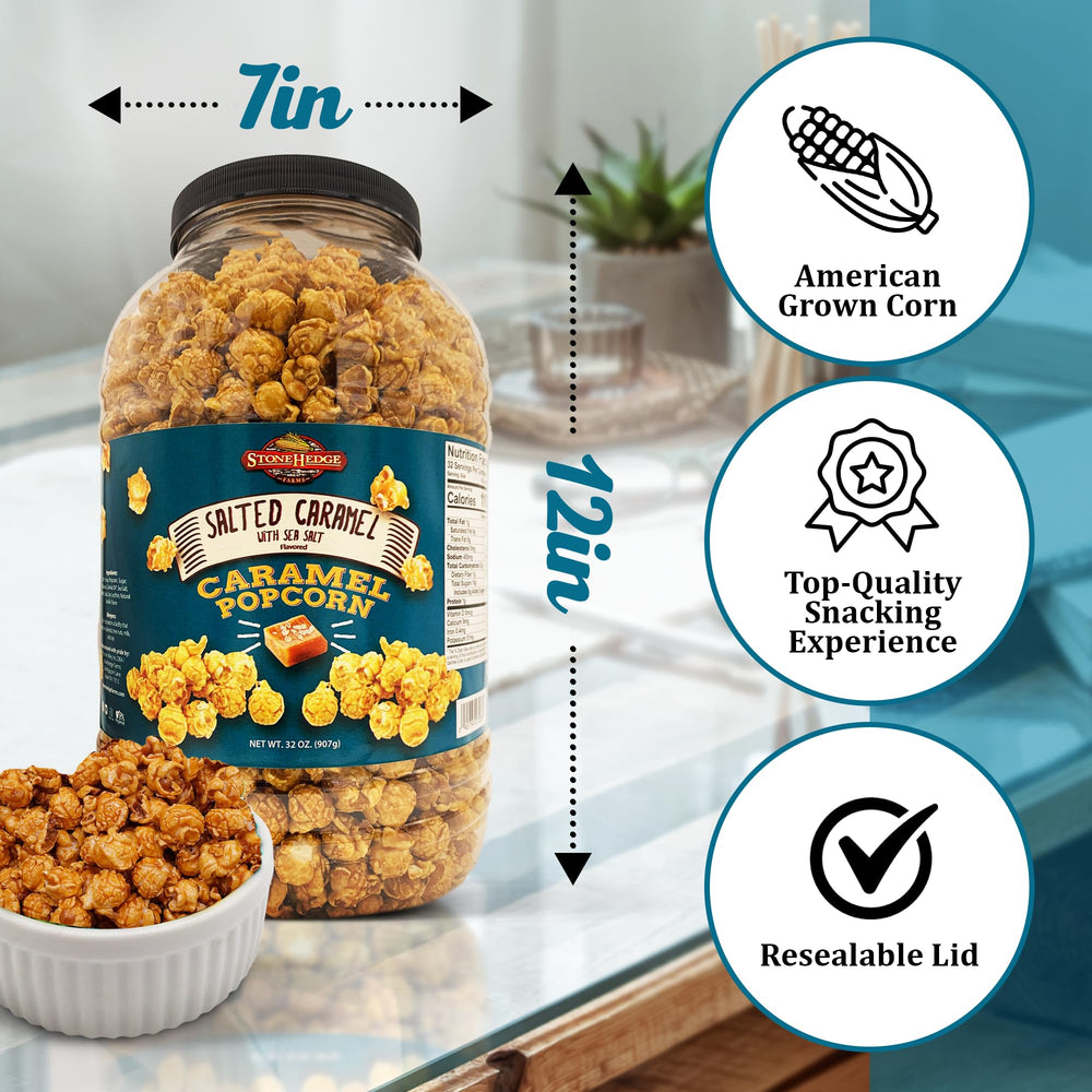 Stonehedge Farms open tub filled with salted caramel popcorn, demonstrates resealable convenience