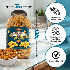 Stonehedge Farms open tub filled with salted caramel popcorn, demonstrates resealable convenience