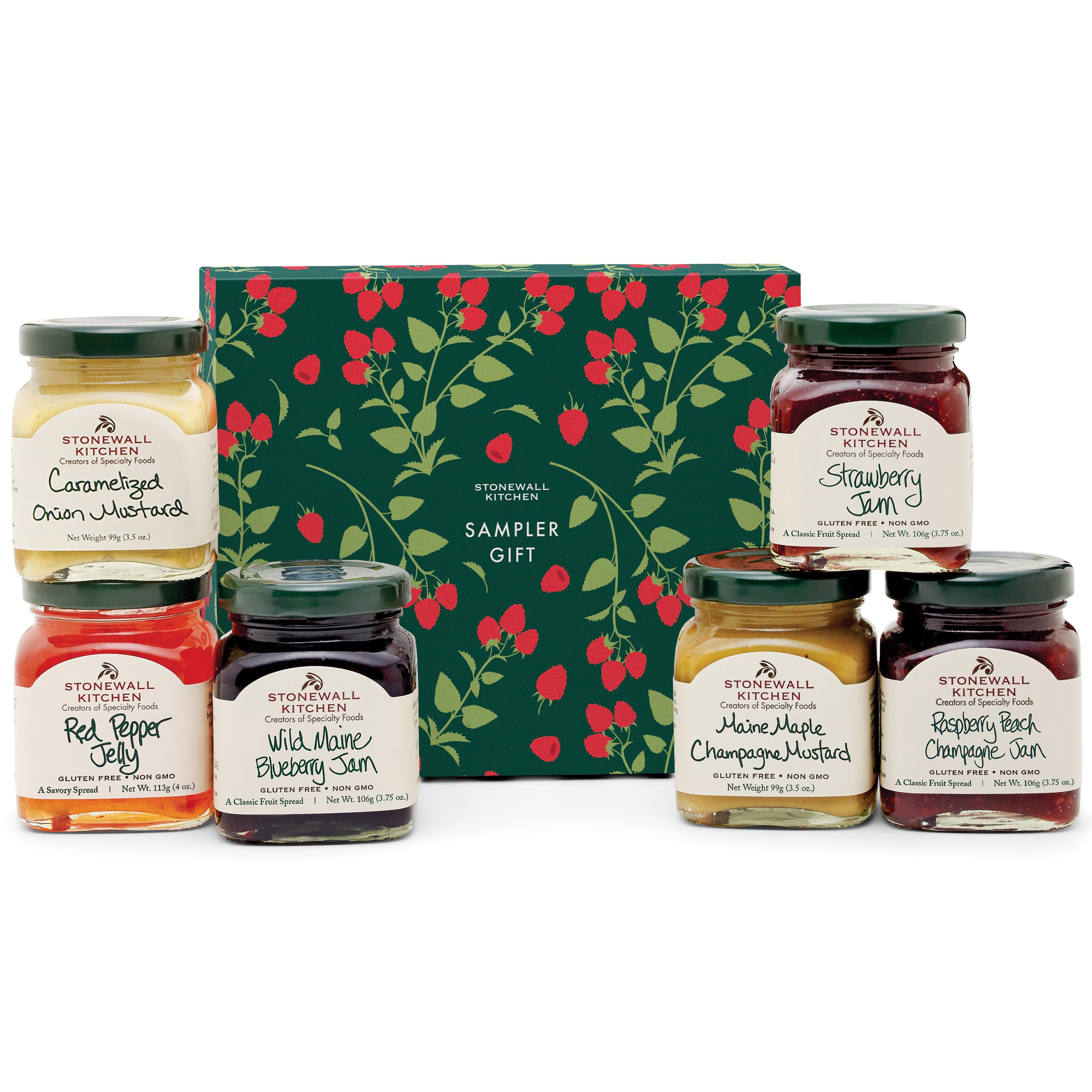 Stonewall Kitchen gift box front packaging showcasing six gourmet condiments and elegant presentation