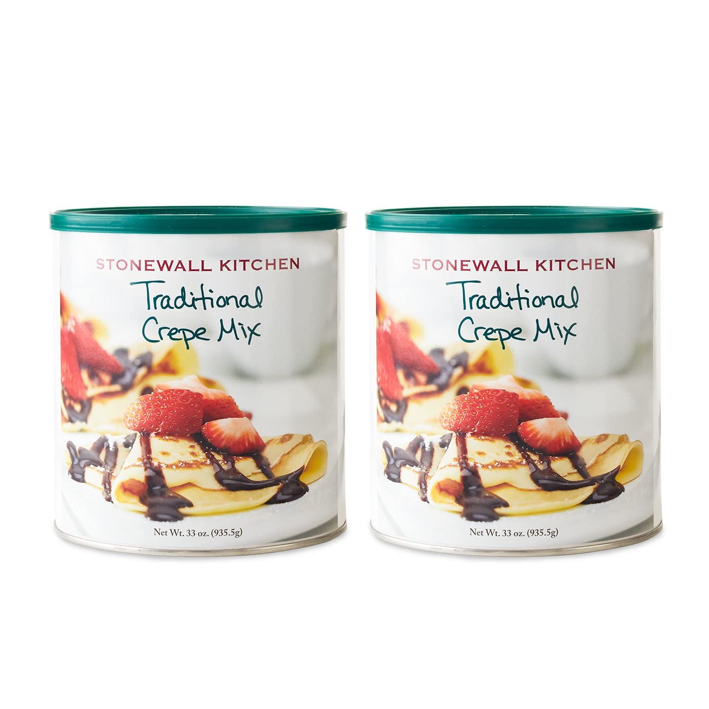 Stonewall Kitchen front packaging showing two 33 oz crepe mix bags and clear branding benefit of convenience