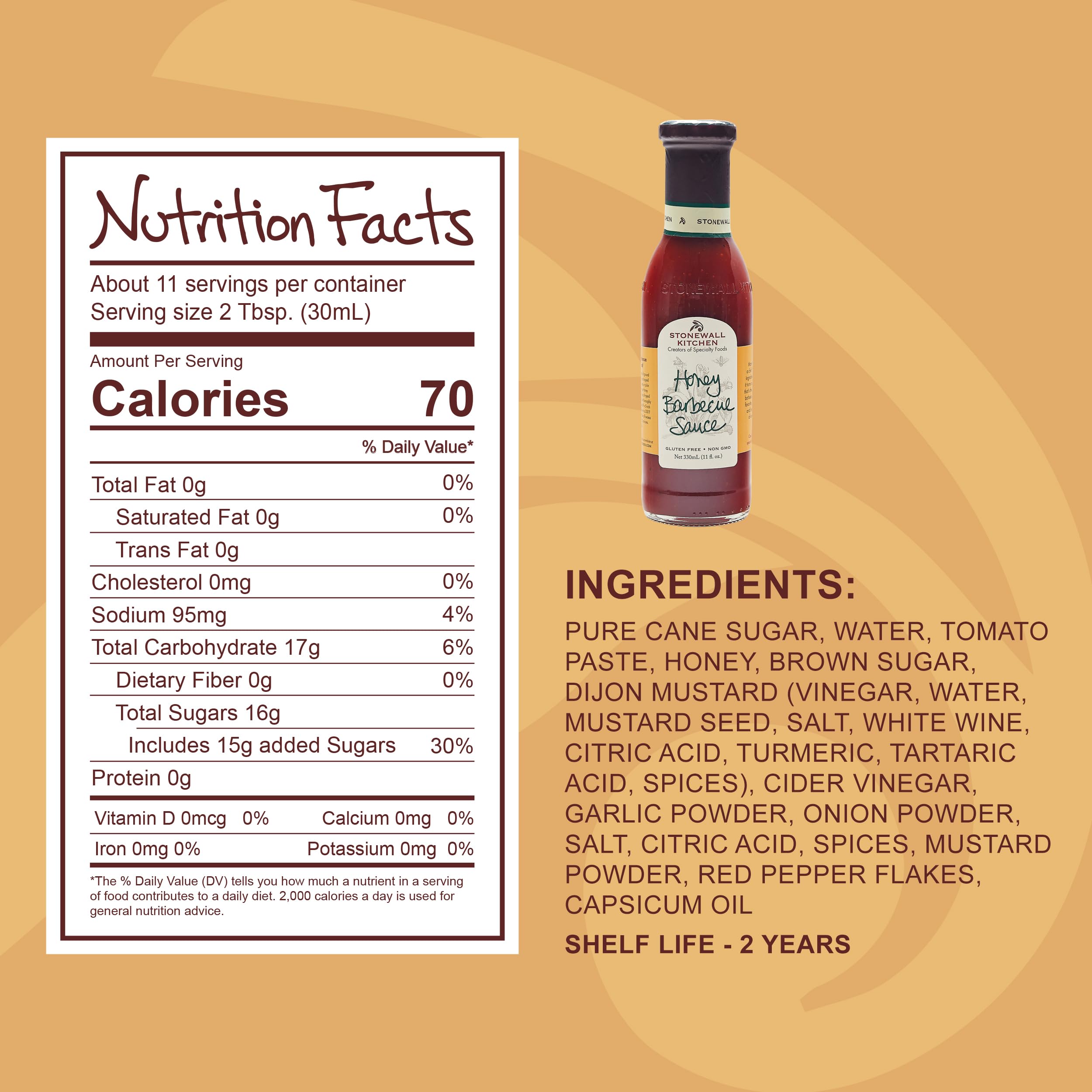 Stonewall Kitchen bottle next to common items showing 11-ounce size and portability