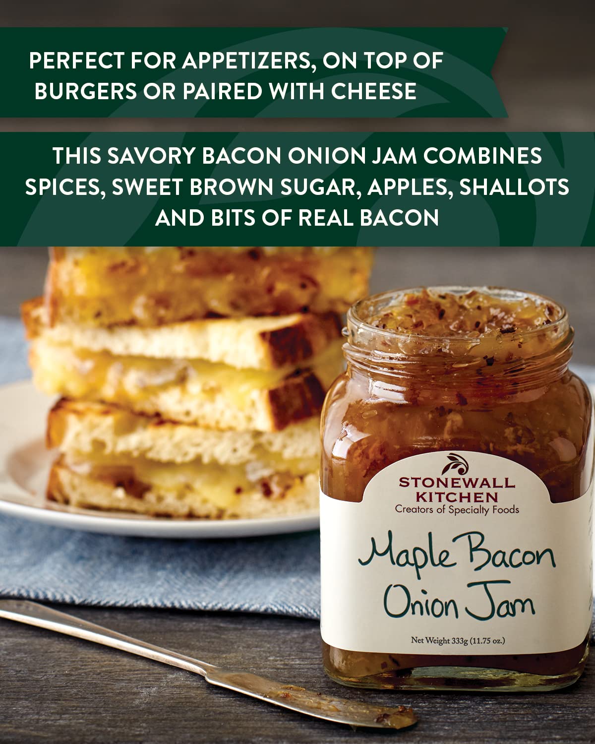 Stonewall Kitchen open jar showing jam texture and visible bacon for rich mouthfeel