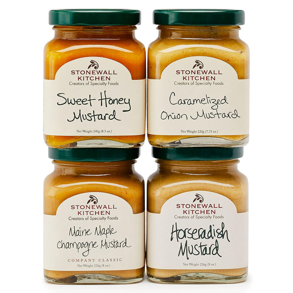 Stonewall Kitchen front packaging showing four-mustard gift set for easy gifting