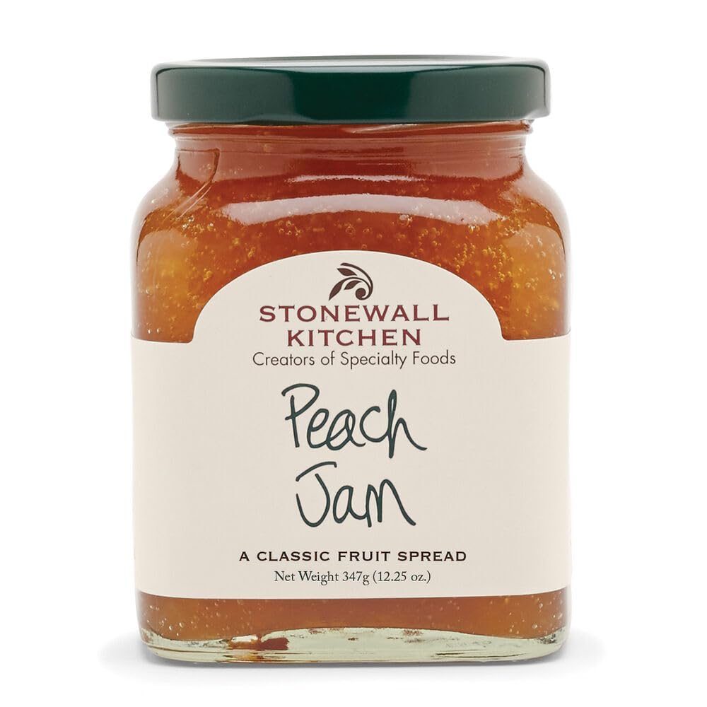 Stonewall Kitchen peach jar close-up showing glossy fruit pieces and natural sweetness benefit