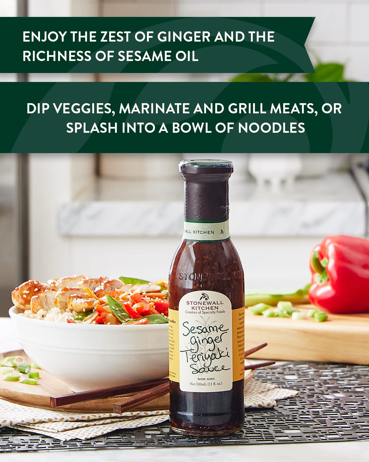 Stonewall Kitchen sauce pouring close-up highlighting glossy texture and sesame