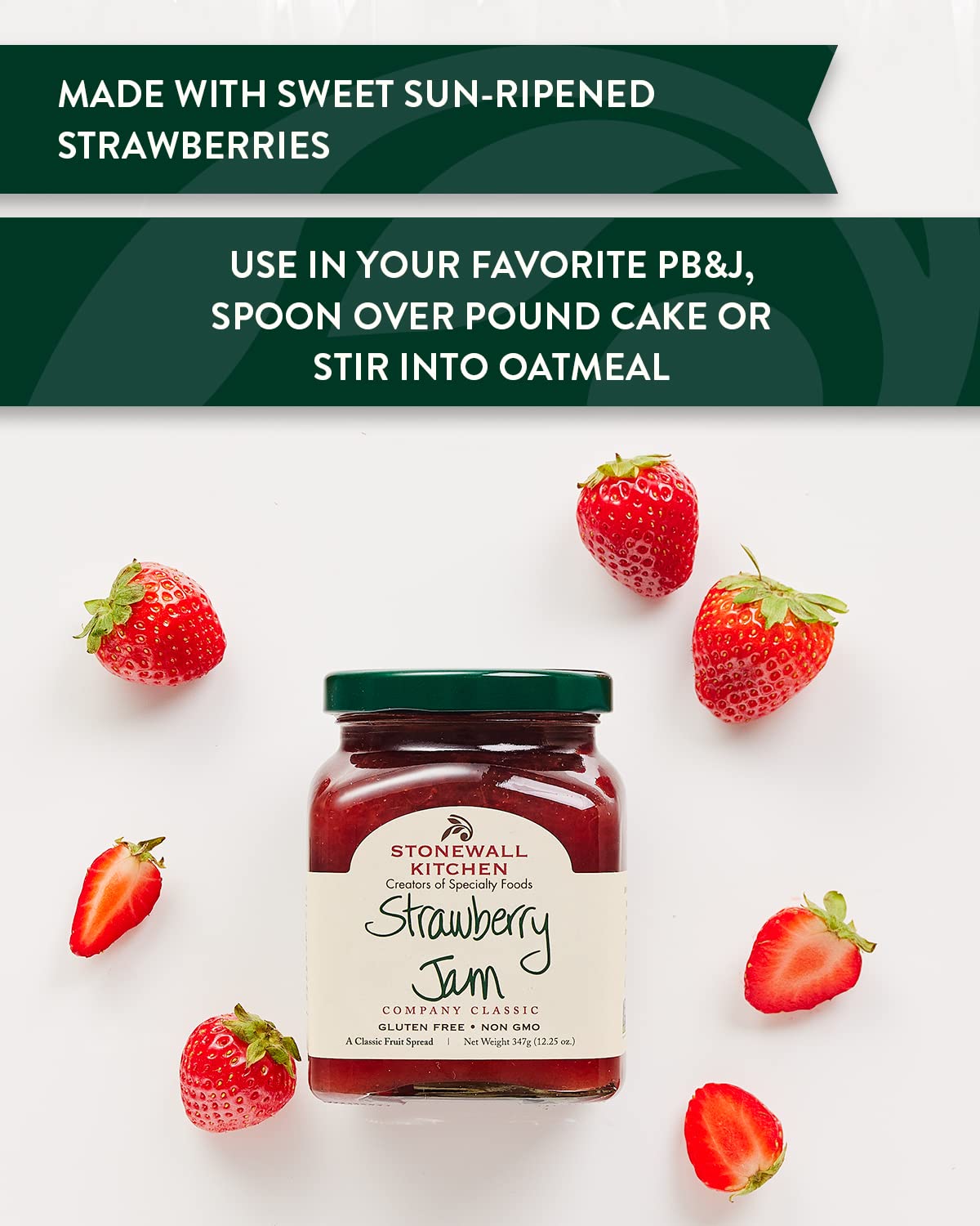 Stonewall Kitchen open jar revealing chunky strawberry pieces and rich texture