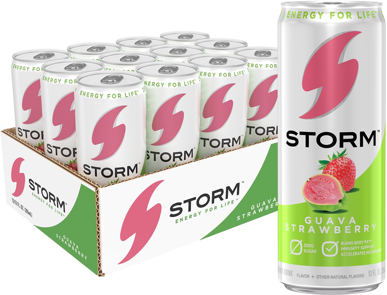 STORM guava strawberry front packaging showing can and label, highlights convenience
