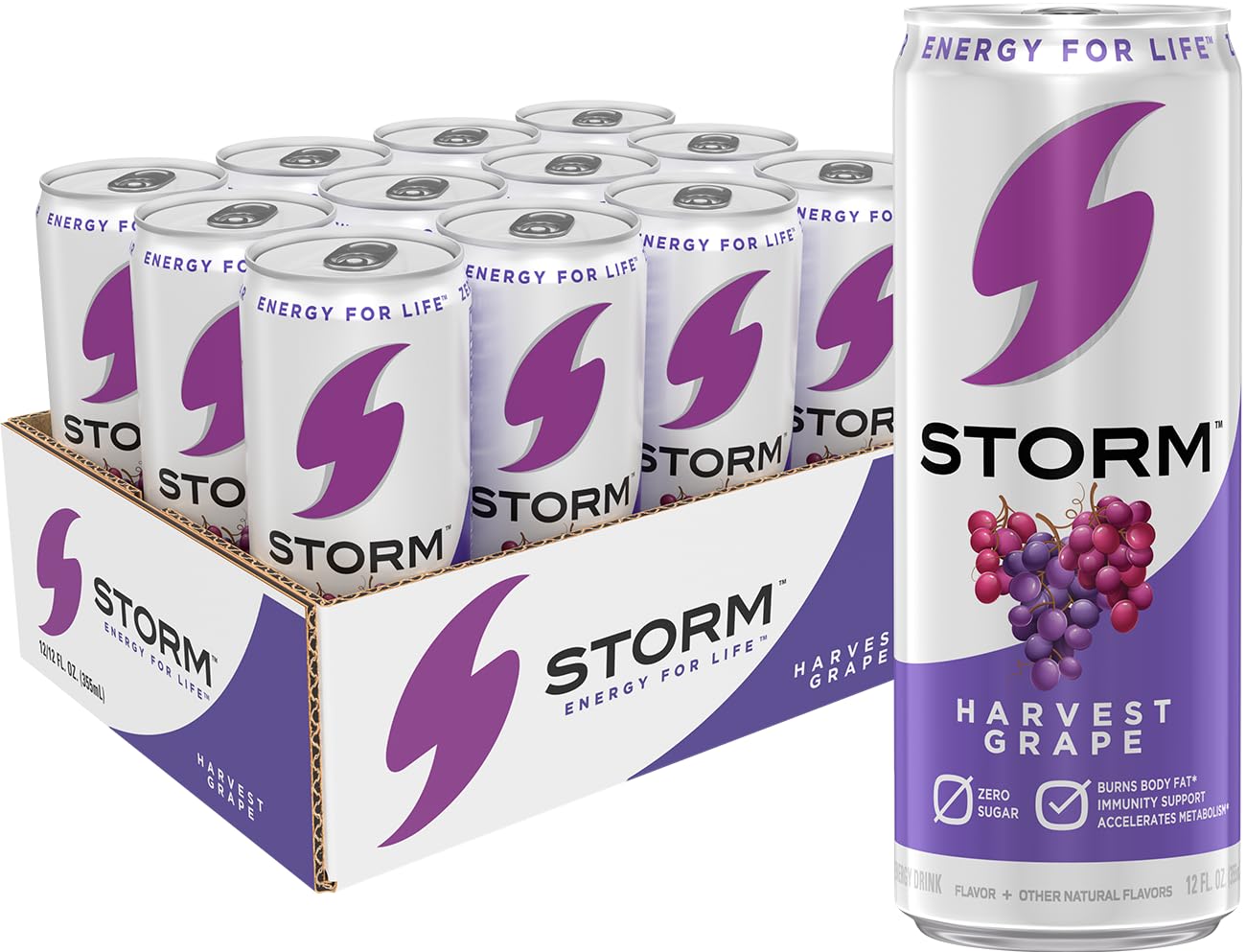 STORM can front packaging showing harvest grape label and convenient 12 oz size for quick energy