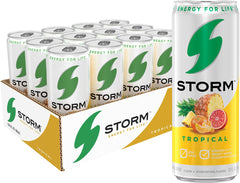 STORM Tropical front pack showing 12-can bundle and bright tropical label for easy stocking