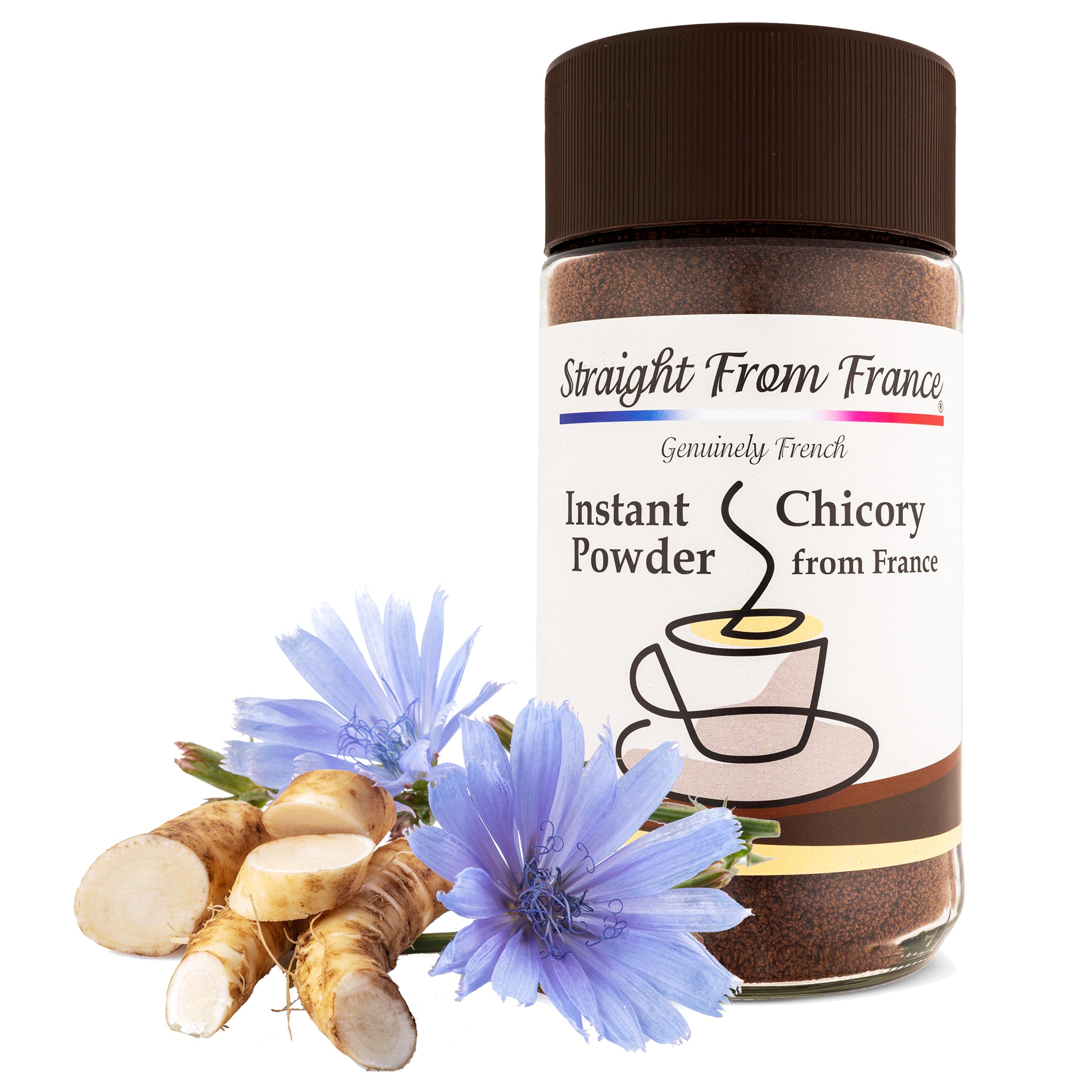 Straight from France jar with roasted chicory roots illustrating natural origin