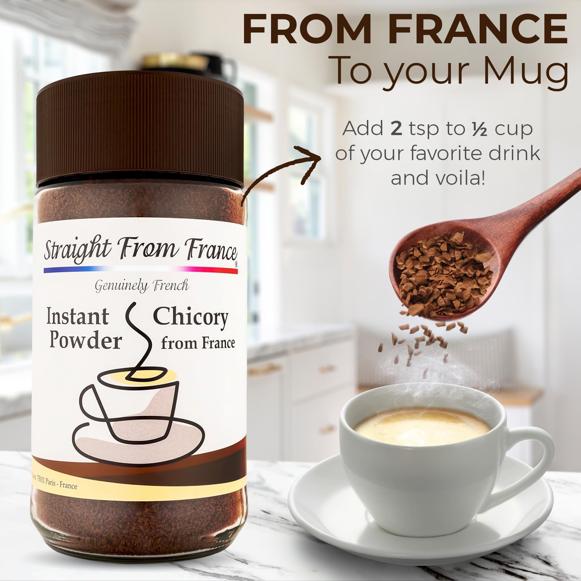 Straight from France latte made with chicory showing creamy, smooth finish