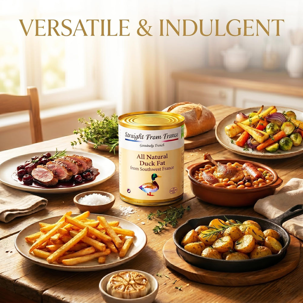 Straight from France melted spoon of duck fat demonstrating smooth texture and easy use benefit