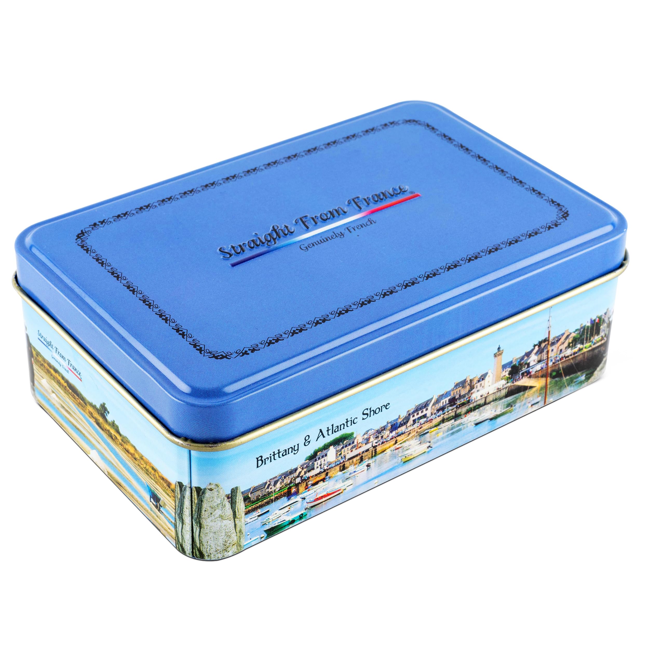 Straight from France tin artwork featuring Brittany landscape and authentic origin