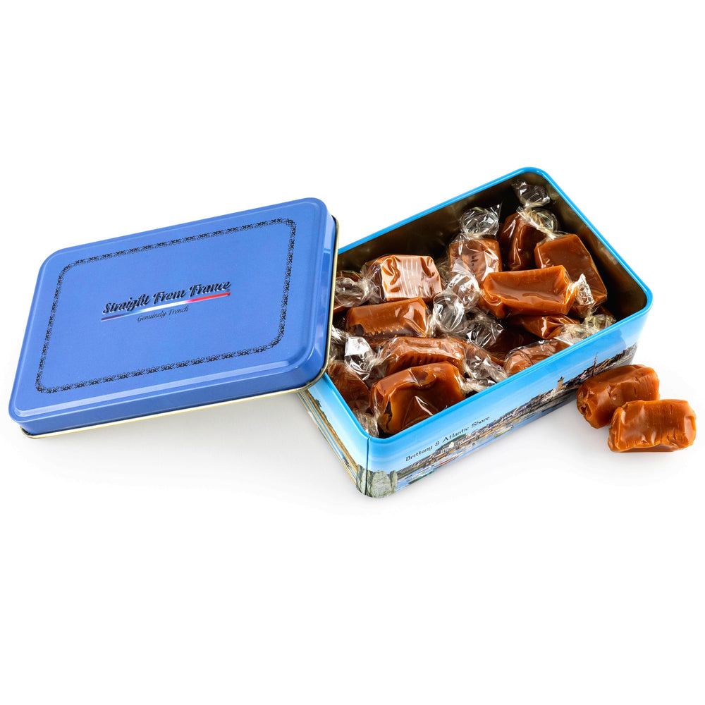 Straight from France open tin with visible individually wrapped toffees for portioning