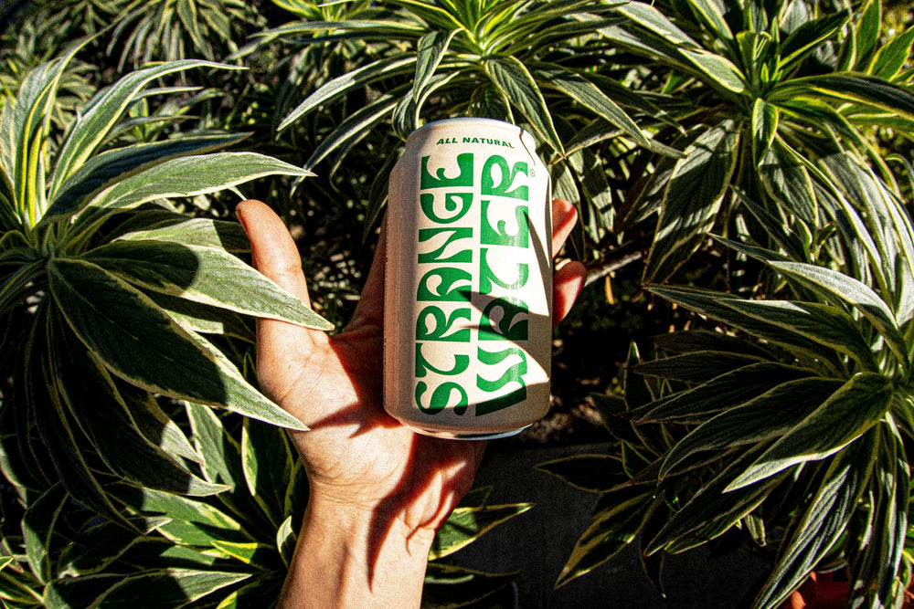 Strange Water label detail emphasizing natural ingredients and clean sourcing