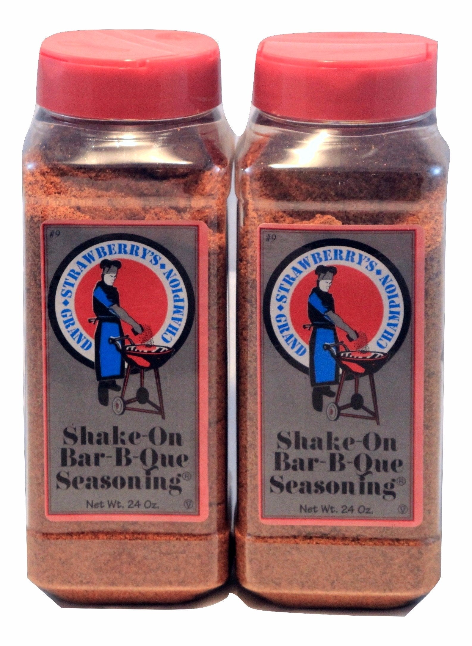 Strawberry's BBQ front packaging showing 24oz shaker and clear label, convenient storage