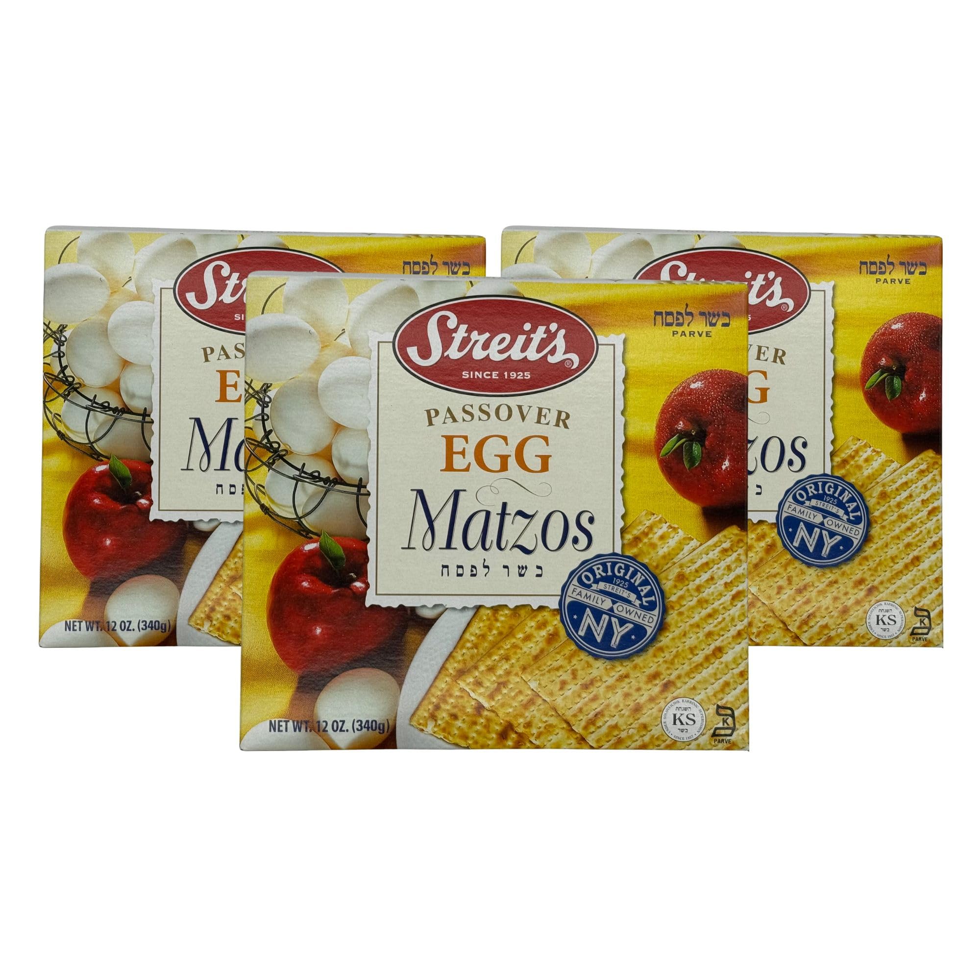 Streit's egg matzo front packaging showing brand and 3-pack for easy shopping