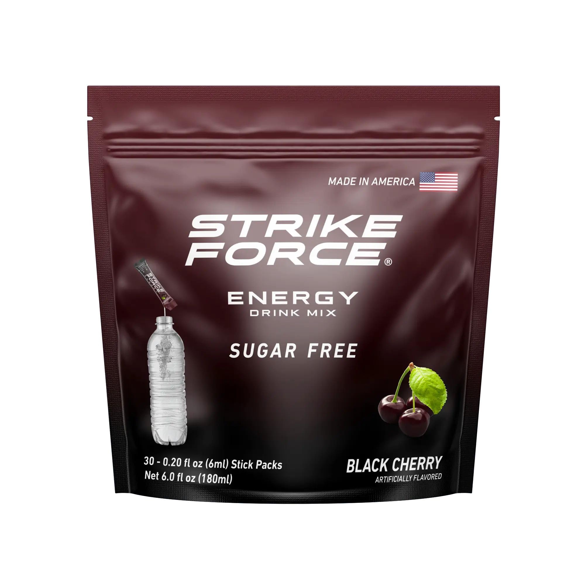 Strike Force front pouch showing black cherry flavor and travel-ready packs for fast energy