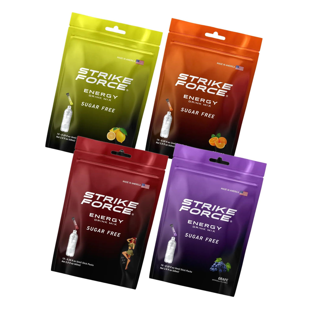 Strike Force front packaging variety pack showing four flavors and portable benefit
