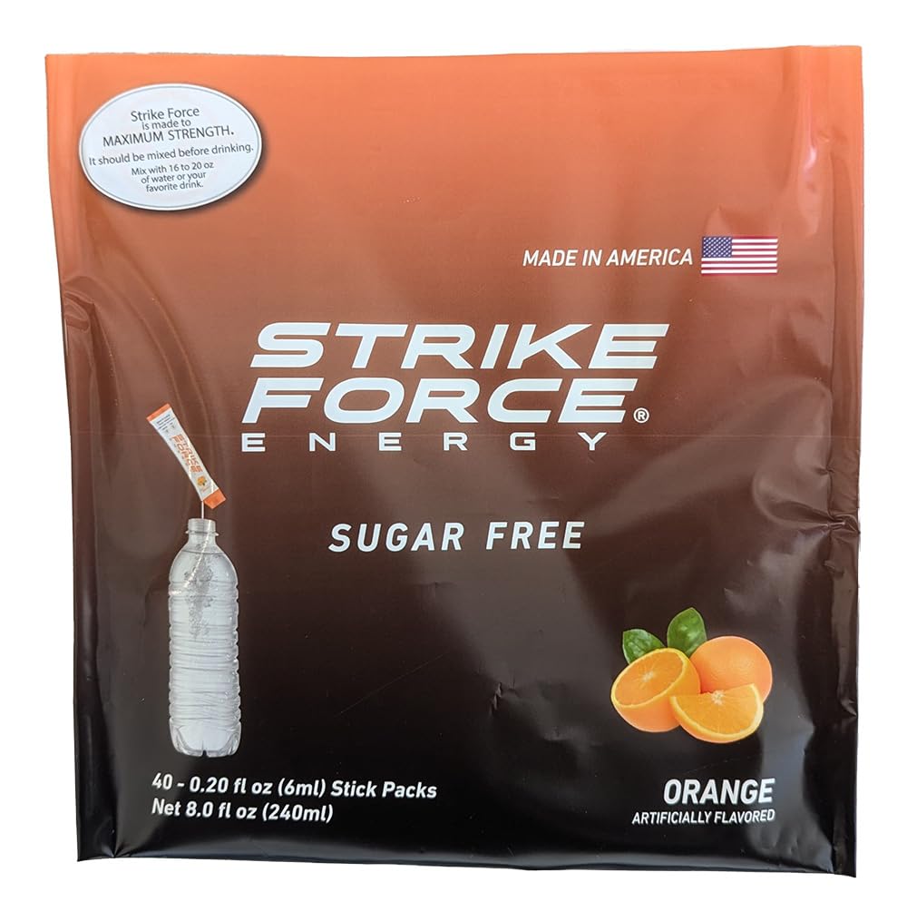 Strike Force front-facing packet showing orange flavor and instant convenience