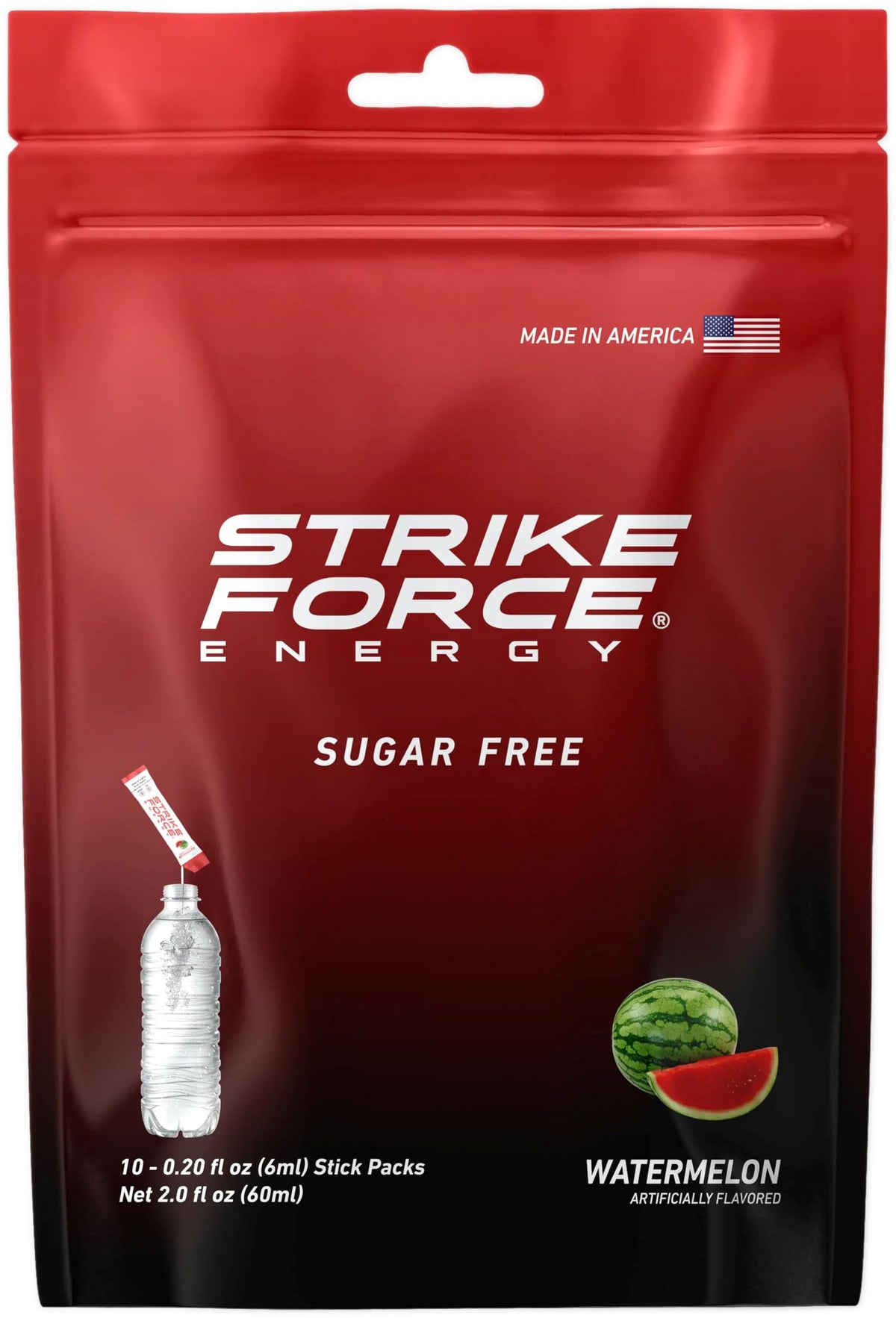 Strike Force front packaging showing watermelon flavor and travel-ready benefits